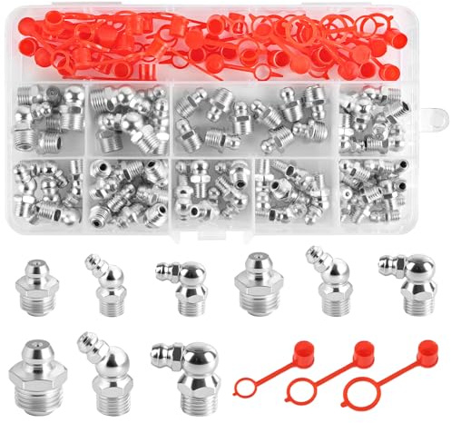 URAQT Hydraulic Grease Nipple Assortment Kit, Metric Grease Fittings 100PCS M6, M8, M10 Straight, 180, 90, 45 Degree with Plastic Nozzle Dust Caps for Automotive, Agricultural, Industrial Machinery