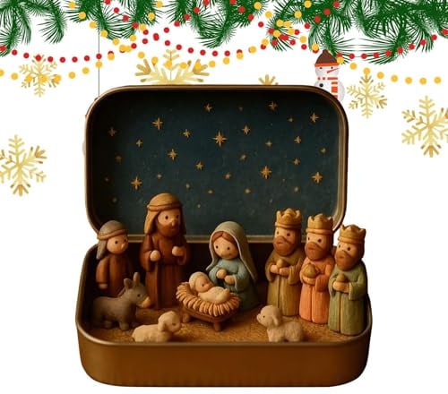 Raypontia Weihnachtskrippe Dekoration, 13x2,5x8cm Weihnachtskrippe Set In Einer Blechbox, Tragbare Taschenkrippe Dekoration Set, Religiöses Weihnachtsdeko-Geschenk Für Und Freunde