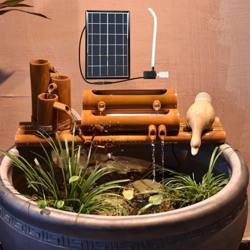Kit Fontaine en Bambou de 30 cm avec Pompe et Fontaine Solaire | À roue à eau for intérieur, extérieur, jardin ou terrasse, style Feng Shui Zen.