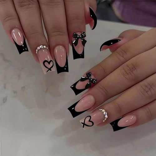 Schwarze French Tips, künstliche Fingernägel in mittlerer Sargform mit 3D-Schleifen-Anhängern, Herz-Acryl-Strasssteinen, 24 Stück, zum Aufkleben, ideal für Damen, als Valentinstags-Maniküre