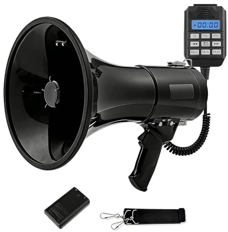 TECKZOON Megafon mit Sirene und Mikrofon, Aufnahme- Und Bluetooth-Funktion, Maximale Leistung 100 W Mit Einer Reichweite Von 2000 M, MP3, USB, SD, AUX, Megaphon mit Umhänge-Gurt