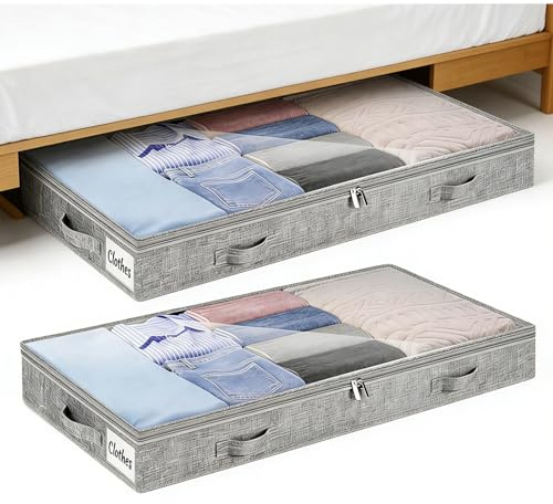 BORDEAG Unterbett Aufbewahrungsbox, 2 Stück Unterbettkommode, Bettkasten Aufbewahrung Faltbar mit Deckel und Reissverschluss fuer Kleidung Bettdecken Decken Langlebiges, Grau, 100x50x10 cm