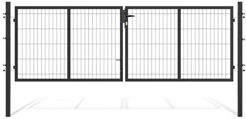 Eikuavons Doppeltor Gartentor, 300x100cm Doppelflügelig für Stabmattenzau inkl. Griff, Schloss, 3 Schlüsseln und Bodenverriegelung, Robust Gartentür, Hoftor, Zauntor, Anthrazit