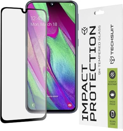 Techsuit Displayschutzfolie für Samsung Galaxy A40 Gehärtetes Glas mit 9H Härte, Vollständige Abdeckung, Stoßschutz, Oleophobe Beschichtung, Anti Fingerabdruck, Kratzfest, 111D Full Glue