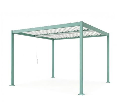 Pergola Bioclimatique Rhodes Aluminium Vert 3x3 m | Deux blocs de lames orientables en finition intégrale, format compact 9 m², montage 4 pieds