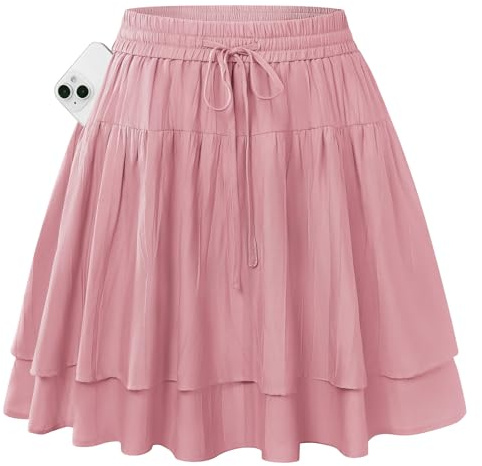 Kate Kasin Damen A Linie Hohe Taille Röcke mit Hose Drunter Sommer Casual Fließender Minirock mit Tasche Leicht Rüschen Stufenrock