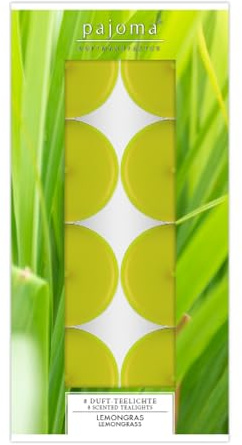 pajoma® Teelichte 8 Stück, Lemongras | Duft-Teelichte in Aluminiumhülle, Brenndauer ca. 4 Stunden - Höhe 1,5 cm ø 3,5 cm | Premium Qualität | Deko, Gastronomie, Outdoor, Party, Windgläser, Hochzeit