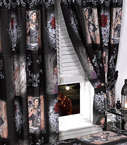 Alchemy Gothic 66 x 72 Curtains The Story of The Rose, Pencil Pleat Curtain Pair with Matching Tie-Backs, Mask Red, Black, Purple, White