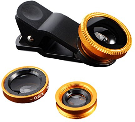 3-in-1 Handy Objektiv Set, Clip-On Kamera-Adapter für Smartphones - Fischaugenobjektiv (180° Fisheye Linse), Weitwinkel (0,65x Wide), Makroobjektiv (10x) - für alle Handys geeignet (Gold)