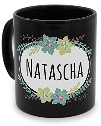 printplanet - Tasse Schwarz mit Namen Natascha - Motiv: Flowers - Namenstasse, Kaffeebecher, Mug, Becher, Kaffeetasse