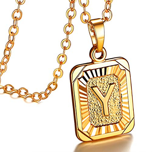 FOCALOOK Damen Collier Anfangsbuchstabe Y Kette 18k vergoldet Rechteck Anhänger Halskette für Mädchen verstellbar 50cm Rolokette Accessoire Schmuck für Jahrestag