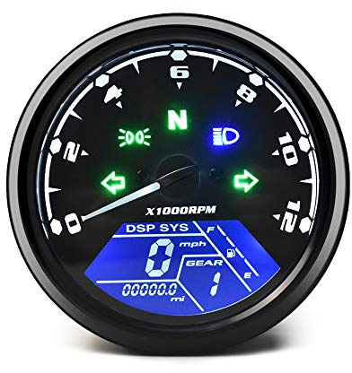 DKMOTORK 0011 Digital Gauge Motorcycle Speedometer/Tachometer/Odometer MPH KM/H Universal with Multi-Function Indicator Light Display Black
