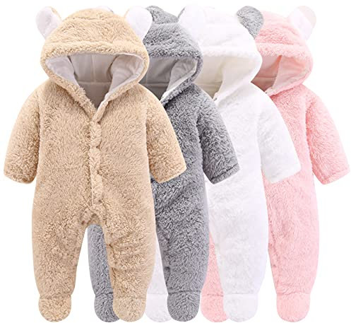Newborn Baby Cartoon Bear Snowsuit Winter Coat Fleece Hooded Romper Jumpsuit (3-6Month, Khaki)