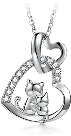 PAPAGENA Kette Damen, 925 Silber Halskette Kazte, Silber Herzkette für Frauen Mädchen, Geschenke für Katzenliebhaber Mutter Tochter Freundin Valentinstag Geburtstag Jubiläum 45+5 cm