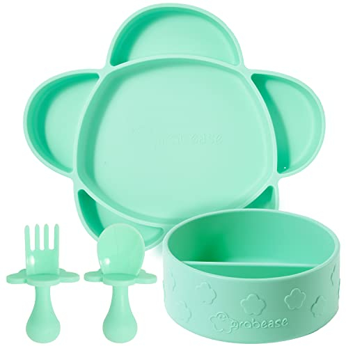 Grabease Ensemble d'alimentation pour bébé - Bol en silicone, assiette et ustensiles en forme de nuage - Menthe, ensemble de 4 pièces