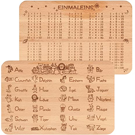 LOOPES ABC und 1x1 Frühstücksbrettchen Kinder Holz Frühstücksbrett zum Einschulung Geschenke Schulanfang Lernen Holzbrettchen für Kinder Mädchen Jungen Schulkind Kindergeburtstag Weihnachten Geschenk