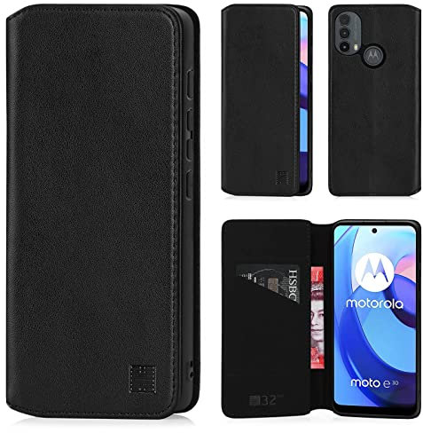 32nd Classic Series 2.0 - Real Leather Book Wallet Flip Case Cover For Motorola Moto E20, E30 & Moto E40, Real Leather Design With Card Slot, Magnetic Closure and Built In Stand - Black