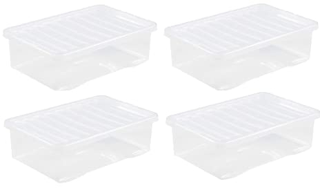 4 x 32L Plastic Storage Boxes Crystal Clear Box & Lid Large Home Office Stackable Nestable Under bed Boxes