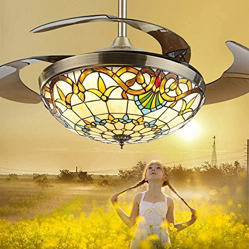 Ø107CM Wohnzimmer Deckenventilator mit Beleuchtung Licht Leise Vintage Tiffany LED Deckenleuchte Ventilator Fernbedienung Deckenlampe für schlafzimmer Kinderzimmer Handgefertigter Buntglas Schirm