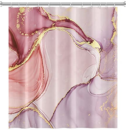 SDOTPMT Rideau de Douche Marbre 105x160cm - Mixte Rose Violet Luxe Texture Doré Poudre - Tourbillon Lisse pour Salle de Bain Décor - Étoffe Polyester Étanche avec Crochets