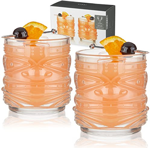 Viski Pacific Tiki Lot de 2 verres Lowball DOF empilables pour cocktail tropical et bar - Cadeaux pour rhum et whisky - 355 ml