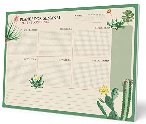 Grupo Erik Wochenplaner Tischkalender Block A4 - Kalender Planer Botanical Cacti auf Portugiesisch - Tischplaner A4 ohne festes Datum