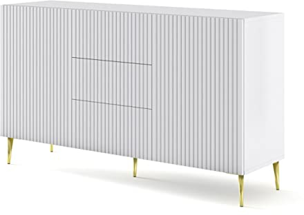 BIM Furniture Kommode Ravenna B 2D3S 150 cm mit gefräster Front Hochwertiges MDF, Sideboard, Buffet auf goldenen Metallstiftbeinen, 2 Schränke, 3 Schubladen (Weiß Matt)
