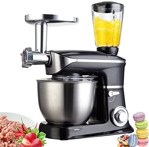 3 in 1 Versatile Stand Mixer, 6.5 L Dough Machine/1.5L Automatic Juice Extraction/Meat Grinder, 6+P Speed Food Mixer, for Home Use,Black (Black)