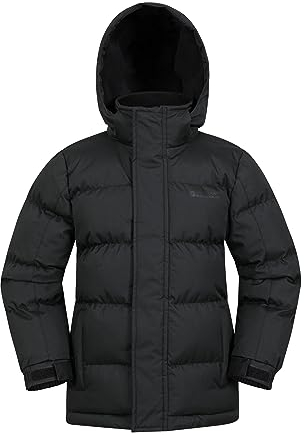 Mountain Warehouse Snow Padded Kids Puffer Jacket - Water Resistant Coat, Fleece Lined Hood, Adjustable Cuffs, Side Pockets - Autumn, Winter & Outdoors Jet Black Kids Size 7-8 Years