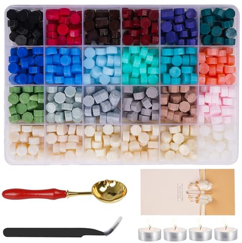 MICTER Siegelwachs Perlen Set, 24 Farben 600 Stück Siegelstempel Achteckig mit 1 Löffel, 4 Weißen Kerzen und 1 Pinzette für Wachs Umschlägen, Briefe, Hochzeitseinladungen Karten und DIY