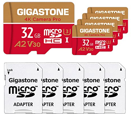 GIGASTONE Speicherkarte 32GB 5 Stück 4K Kamera Pro kompatibel mit GoPro Drohne Switch 95 MB/s, 4K UHD Video, A2 U3 V30 MicroSDHC-Karte mit SD-Adapter.