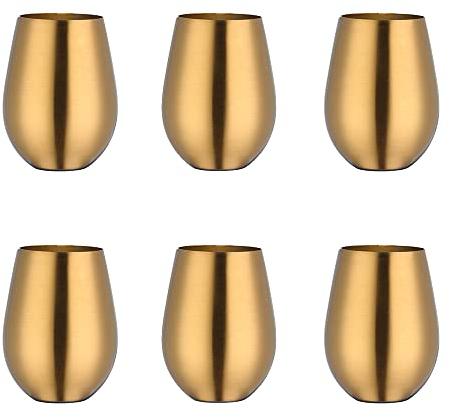 TUPMFG 6 Pack Stemless Wine Tumbler Glass, 17 OZ 18/8 Stainless Steel Unbreakable Wine Glasses, Beer Glasses Cup Beer Mugs Set for Cocktails, Beer, Champaign, Whiskey, Juice (Gold)