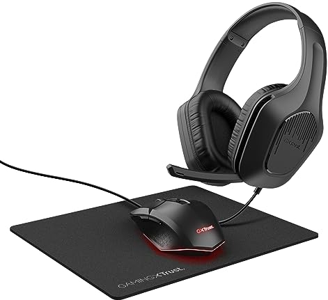 Trust Gaming GXT 790 Tridox Pacchetto Gaming 3-in-1 - Cuffie Leggere con Driver da 50 mm, Jack Audio 3.5 mm, Mouse con Filo USB 200-6400 DPI, Tappetino, Pack per PC, Portatile, Computer - Nero