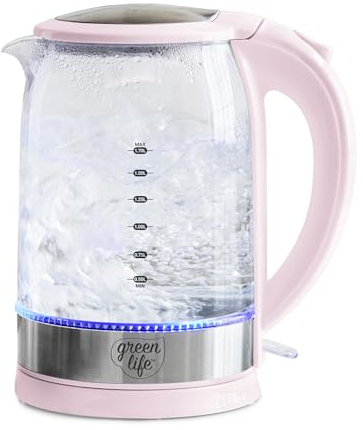 GreenLife Quik and EZ 1.7 Liter Kettle, Easy One Touch Use, Quick Heating, Filtered Spout, LED Base, Auto Shut-Off, Cordless Serving, Coffee and Tea, Pink