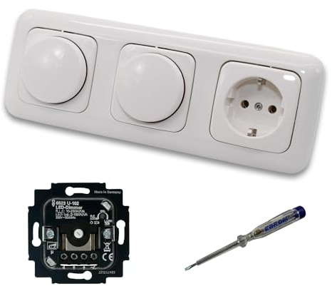 Busch Jäger 6523U-102 (2 x) LED Drehdimmer Dimmer + Dimmerscheibe 2115-214 und Steckdose 20EUC-214 in Reflex Si alpinweiß glänzend inklusive EBROM Phasenprüfer zur Montage der Geräte 6523 U – 102