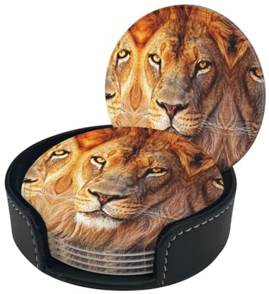 Cool Lion Untersetzer aus Leder, bedruckt, rund, mit Aufbewahrungsbox, 6 Stück