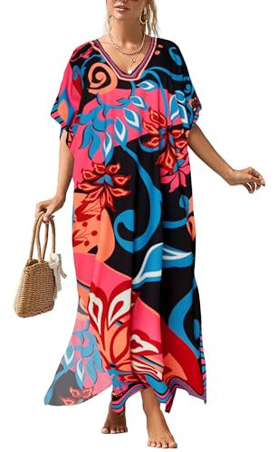 Bsubseach Kaftan Cover Ups Pour Maillot De Bain Femme Imprimé Coverup Col V Caftans Pour Femme Loungewear Rose