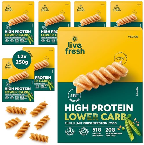 LiveFresh High Protein Nudeln – Lower Carb Pasta ballaststoffreich – Vollkornnudeln vegan – Fusilli – 12x250g
