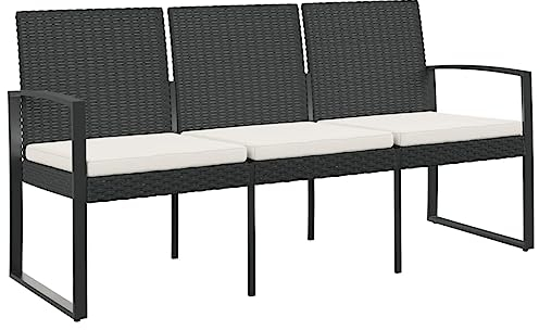 Makastle Gartenbank, Sitzbank in Rattanoptik, Parkbank mit Stahlrahmen, Balkonbank für 3 Personen, Sitzbank Garten Sofa Bank Sessel Gartenmöbel, 152,5 x 57 x 77,5 cm Schwarz
