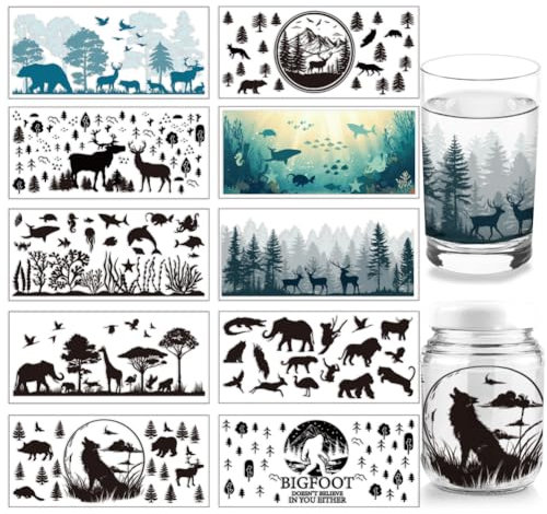 arricraft 10 Sheets Animal Silhouettes UV DTF Cup Wrap, Deer Woof Ocean Fishes Rub on Decals Forest Bird Waterproof PVC Transfer Stickers for DIY 16OZ Glass Cups