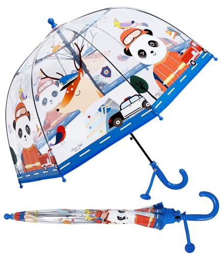 Regenschirm Kinderschirm Stockschirm, Windsicher Robustheit Regen Regenschirm Transparent, Kinderregenschirm Durchsichtig Junge Mädchen, Kuppel-Blasenschirm Durchmesser=70cm Blaue Tiere