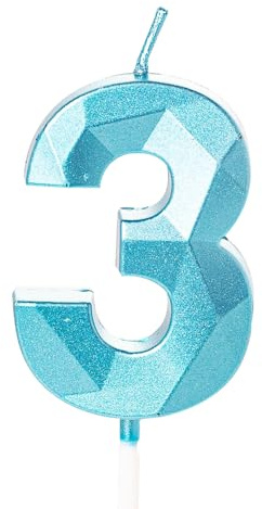 Kerze zum 3. Geburtstag, für Tortenaufsätze, Kerze Nummer 3, für 3-jährige Jungen, Blau