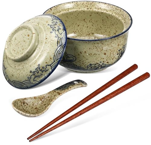 Kichvoe Ceramic Ramen Noodle Bowl: Retro Ramen Bowl Set 800ml with Lid, Chopsticks, Spoon - Traditional Asian Serving Bowl for Udon, Pho, Pasta, Salad