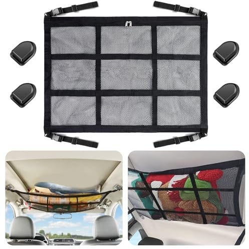 Car Ceiling Cargo Pocket Storage Net 90 X 65cm, Car Roof Storage Net Bag (Black) with Car Hook*4, Adjustable Double Layer Cargo Storage Organizer, Campervan Storage, Universal Car Camping Accessories