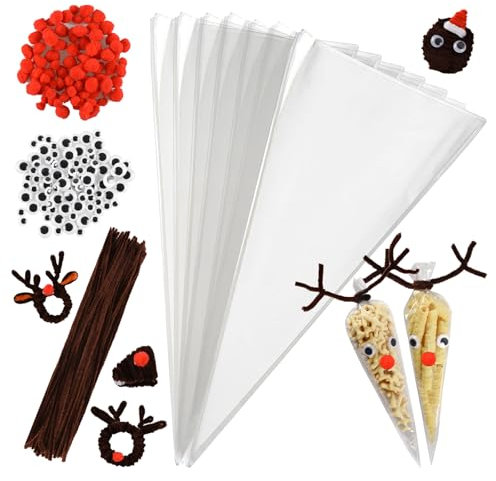 Joyblossom 500 Stück Weihnachten Pfeifenreiniger Set, Enthält Pfeifenputzer Braun Zum Basteln, Rote Pompons, Wackelaugen Selbstklebende, Süßigkeiten Spitztüten für DIY und Dekorieren