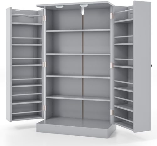 GiantexUK Kitchen Cupboard, Wooden Buffet Pantry Cabinet with 17 Shelves and 2 Doors, Multifunctional Storage Organizer for Living Room Dinning Room (Grey, 60 x 30 x 104cm)