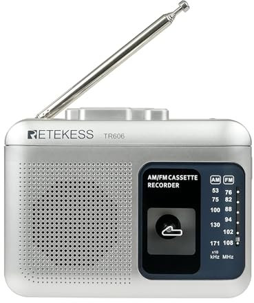 Retekess TR606 Portable Cassette Player, Cassette Recorder, FM AM Radio,2 Power Supply Methods,Supports Fast Forward and Rewind,Used for Elderly,Home(Silver)