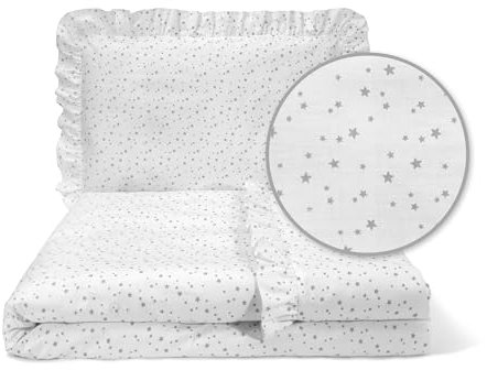 balbina Kinderbettwäsche Baumwolle, 2-teilige Babybettwäsche, Bettwäsche-Set für Kinder, Bettwäsche mit Rüsche & Reißverschluss, Bettbezug 100 x 135 cm & Kopfkissenbezug 60 x 40 cm, Sterne