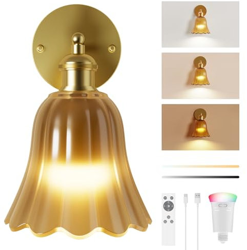 FULEN Vintage Battery Operated Wall Sconce with Amber Tulip Glass Lampshade Wireless 10000mAh Rechargeable Battery Powered Wall Light with Remote Control for Bedside Bedroom Livingroom Doorway