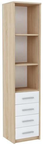 MATKAM Hochregal BODO R40O 4S, B40 x H182 x T35 cm, mit 4 Schubladen und 3 Bretter, Vielseitiges Design für Bücher und Ordner (Sonoma Eiche-Weiß)